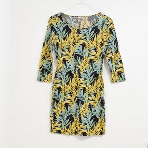 Yellow & Green Tropical Palm Leaf Plant Print Bodycon Mini Dress | Size XS